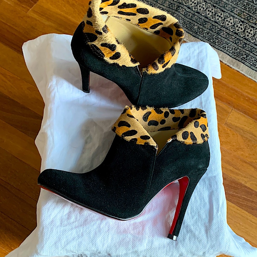 Christian louboutin boots. Black suede heels with leopard pony hair Pristine